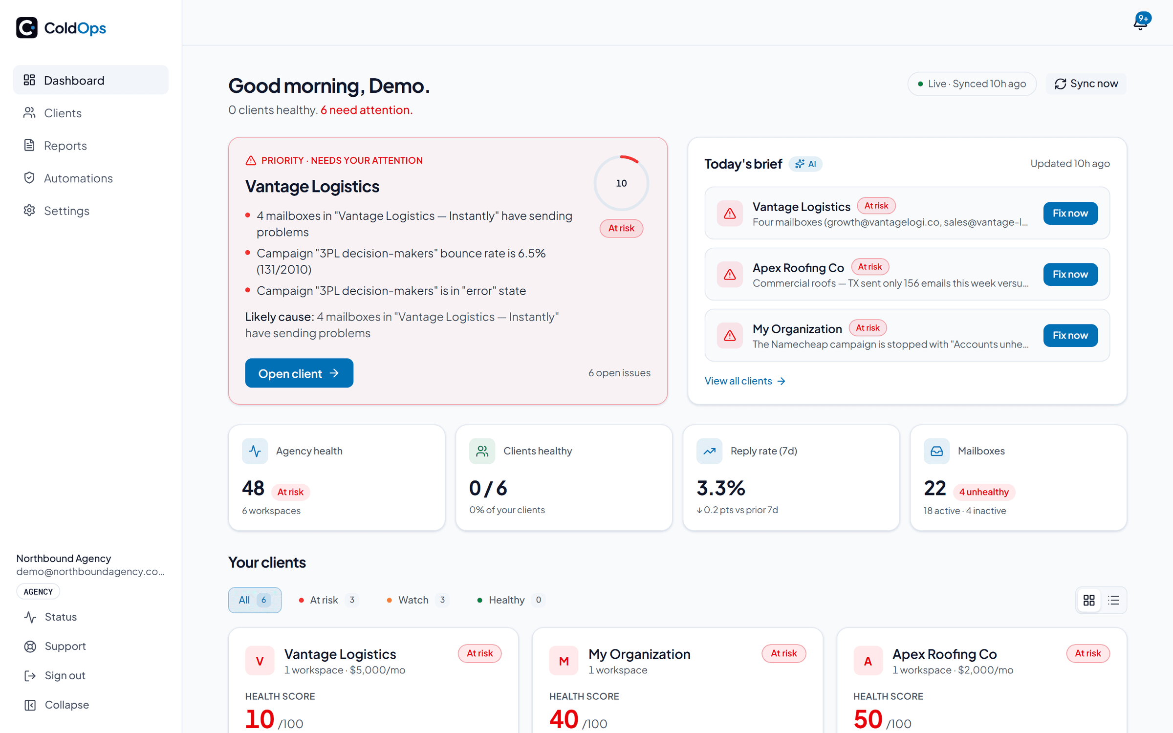 The ColdOps dashboard — a portfolio of every client workspace, the issues that need attention, an AI daily brief ranking each client, and a summary of MRR at risk